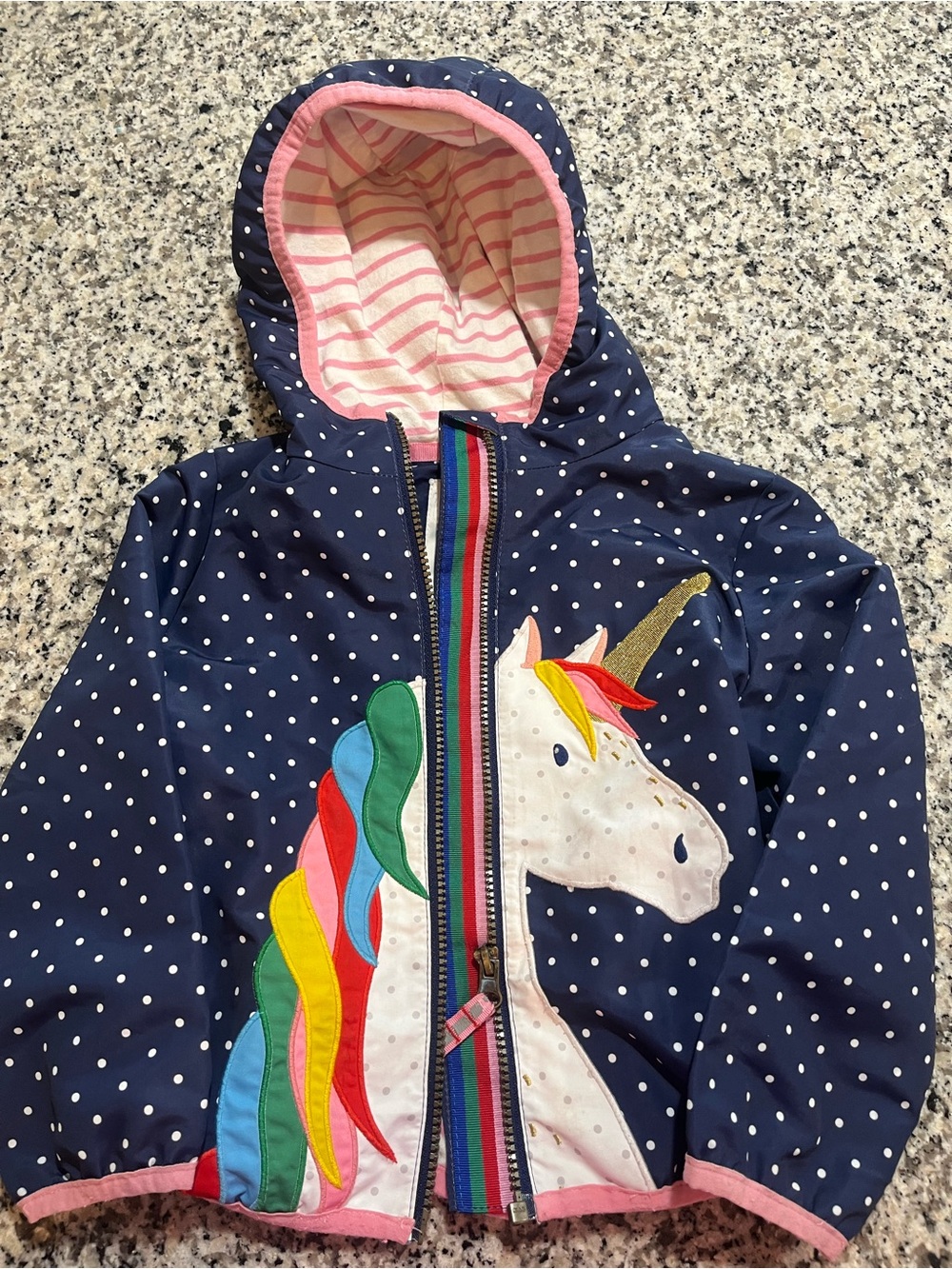Girls Navy Polka Dot Unicorn Hooded Jacket with Rainbow Mane